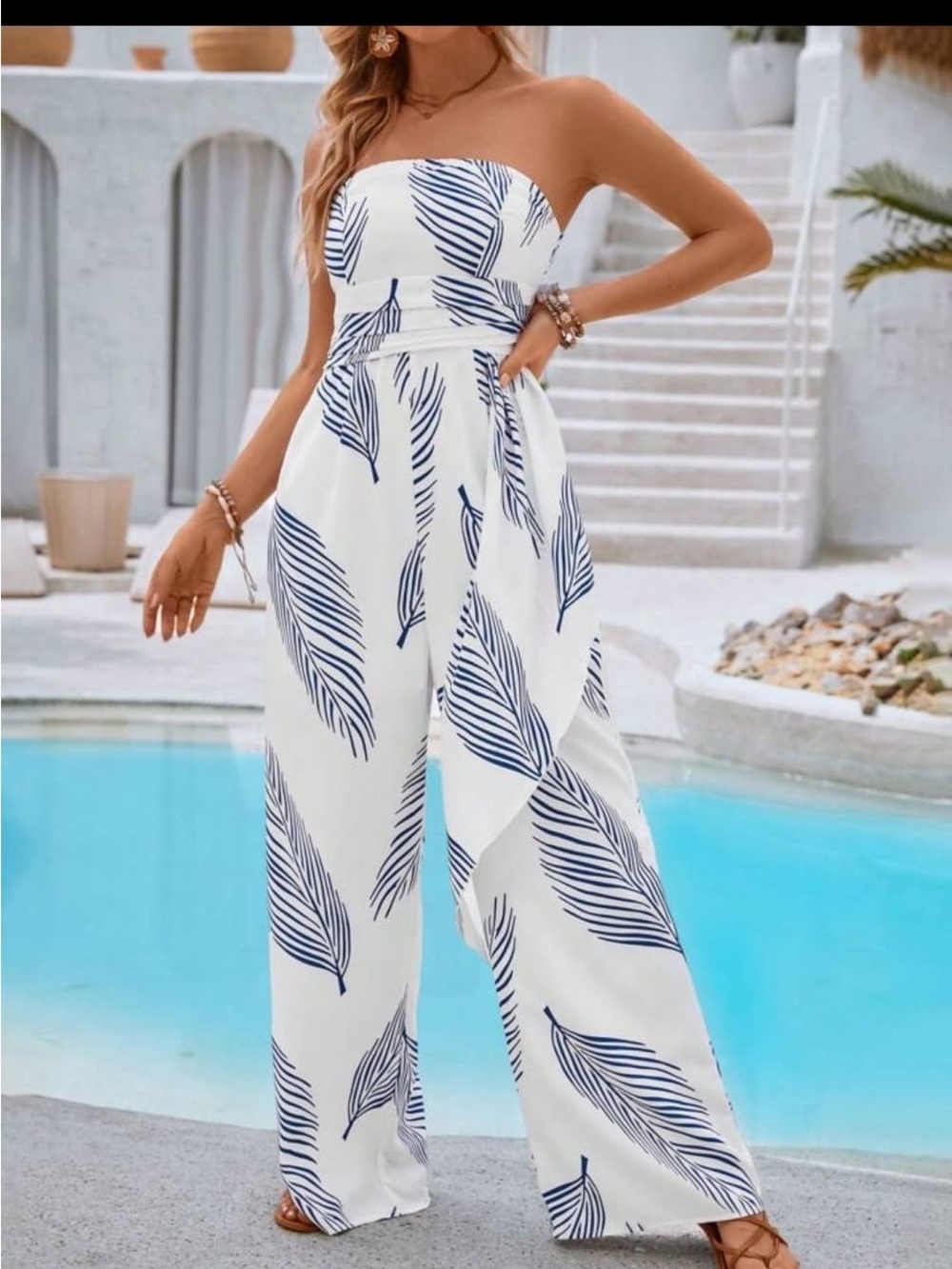 Strapless White Jumpsuit with Navy Leaf Print